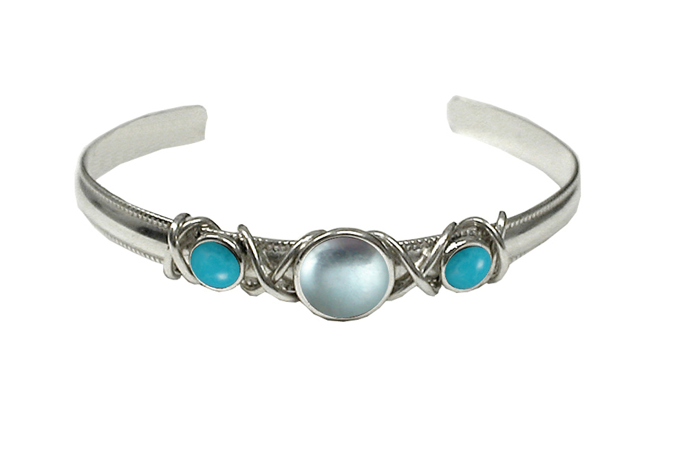 Sterling Silver Hand Made Cuff Bracelet With Blue Topaz And Turquoise